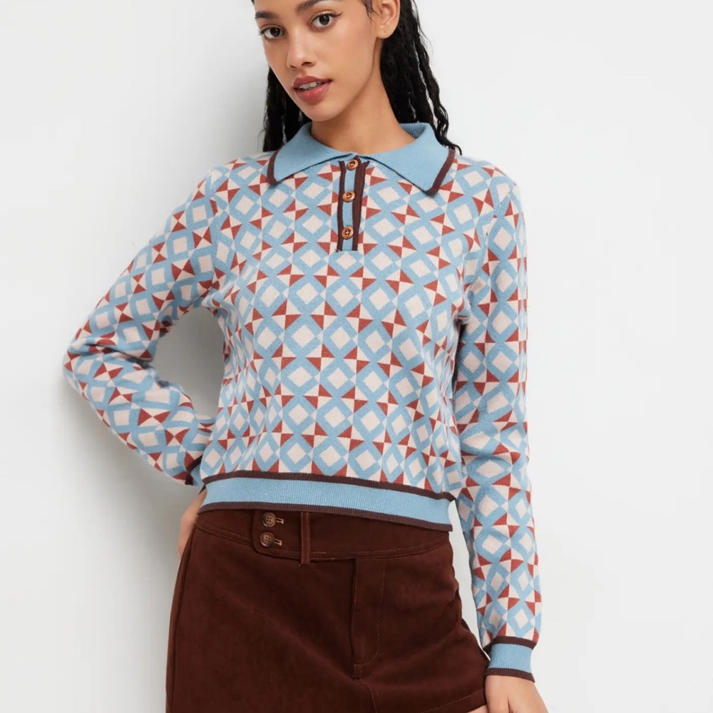 Cider Geometric Knit Polo Sweater in Light Blue, Brown, White - Picture 11 of 12